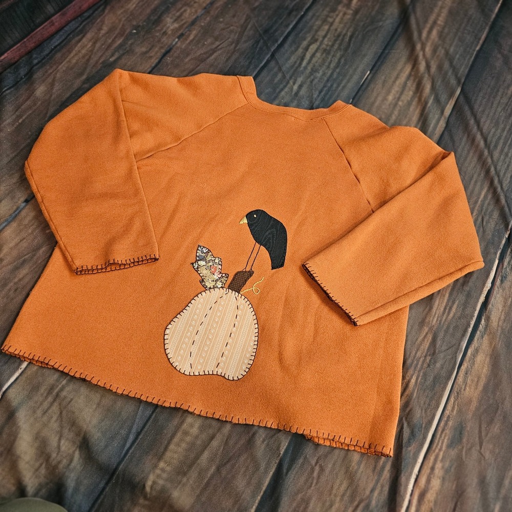 Vintage 1990s Handcrafted Pumpkin Patch Cardigan Sweatshirt Orange Folk Art Lg - Picture 9 of 14